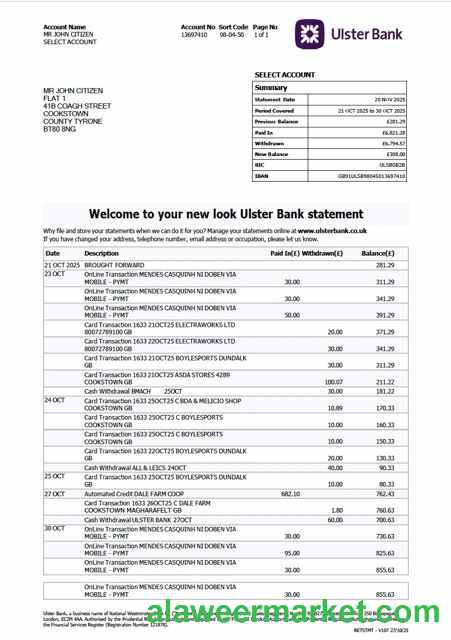 UK Ulster Bank statement Word and PDF template